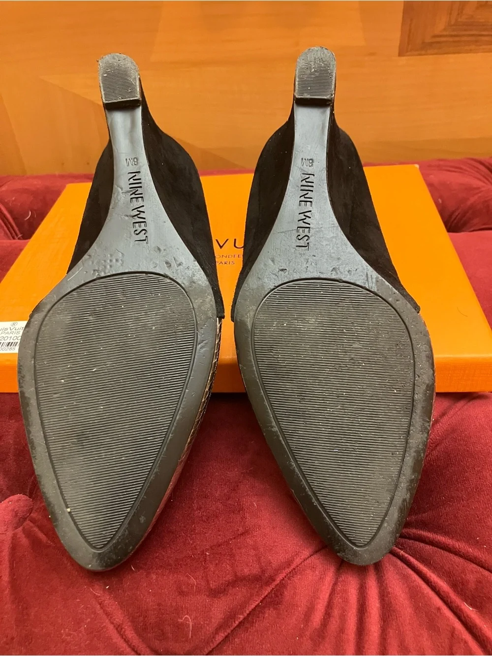 Women’s Two-Tone Black Suede and Metallic Silver Pointed Wedge Pumps